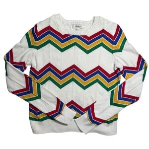 Forever 21 Womens Sweater Small White Multi Chevron Knit Retro Crew Neck‎